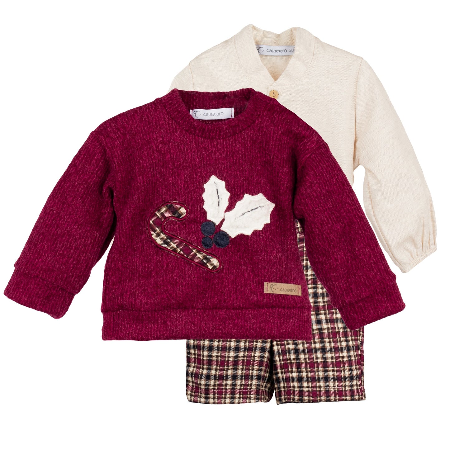 Conjunto niño 3 piezas especial navidad cuadros tartán granate Colección Miño