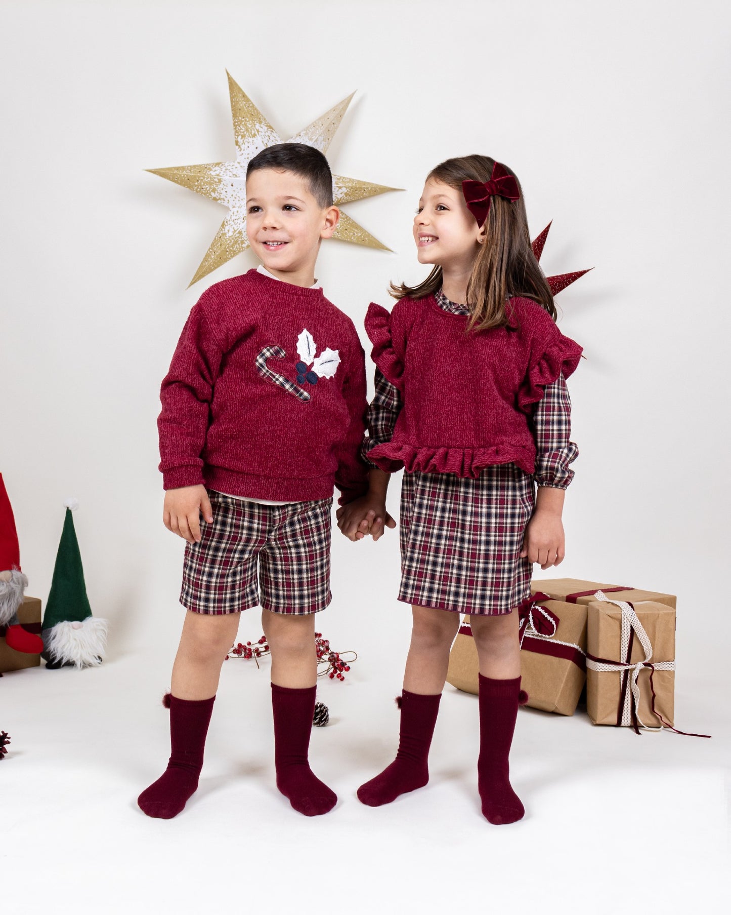 Conjunto niño 3 piezas especial navidad cuadros tartán granate Colección Miño