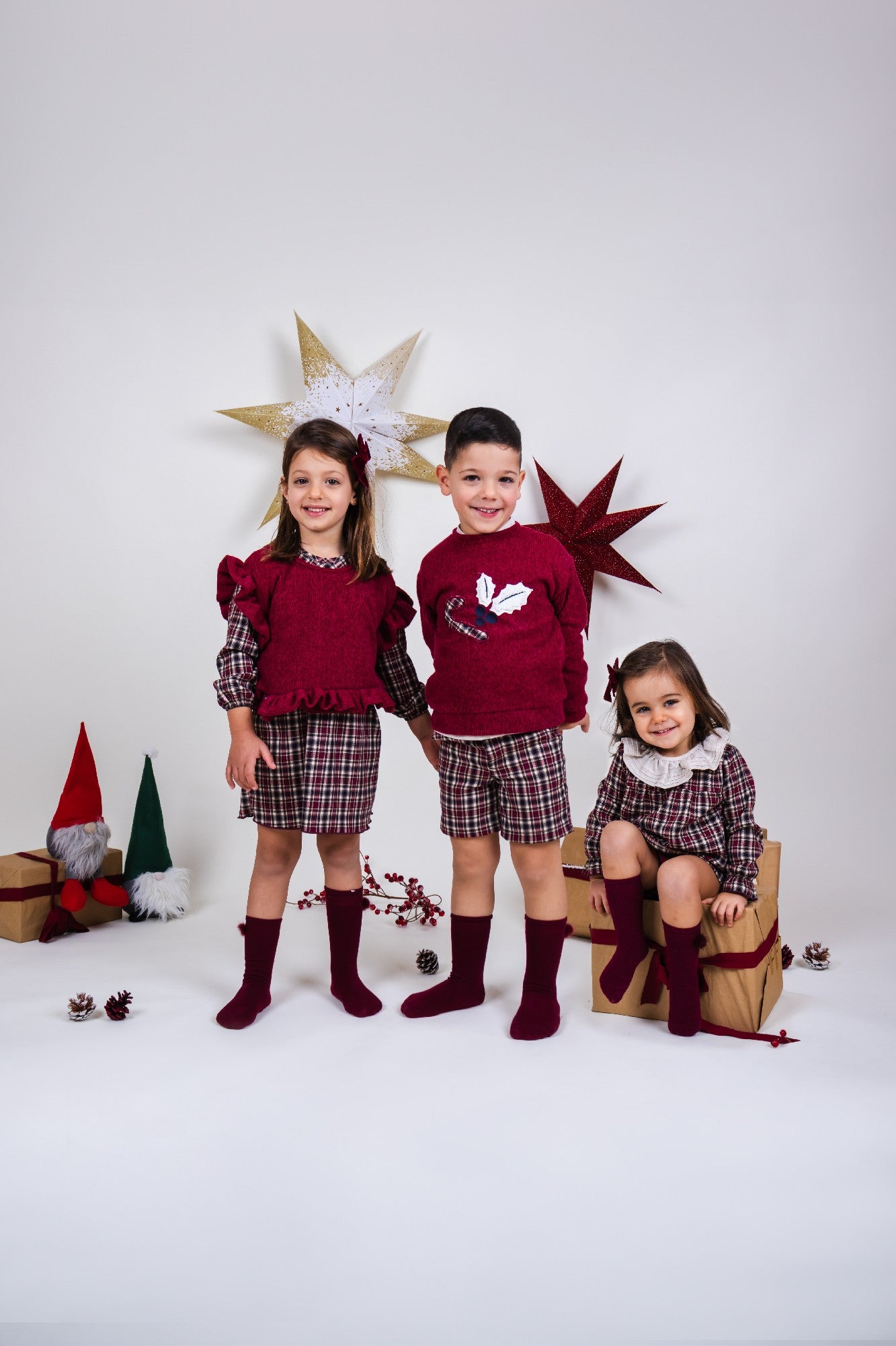 Conjunto niño 3 piezas especial navidad cuadros tartán granate Colección Miño