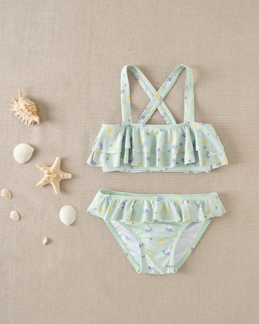 Bikini niña con volantes y ocas verde agua