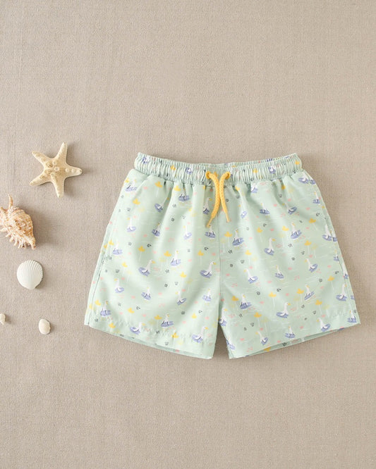 Bañador niño estampado de ocas verde agua
