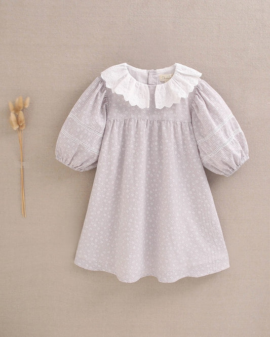 Vestido niña manga abullonada gris con margaritas