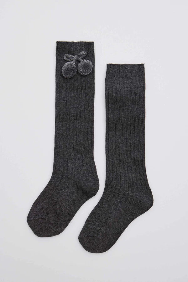 Calcetines altos borlas canalé gris antracita