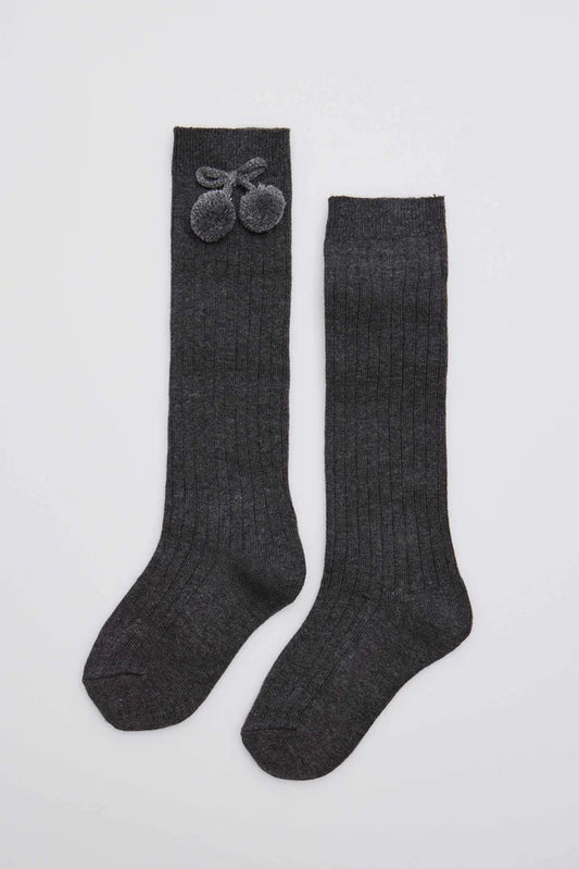 Calcetines altos borlas canalé gris antracita