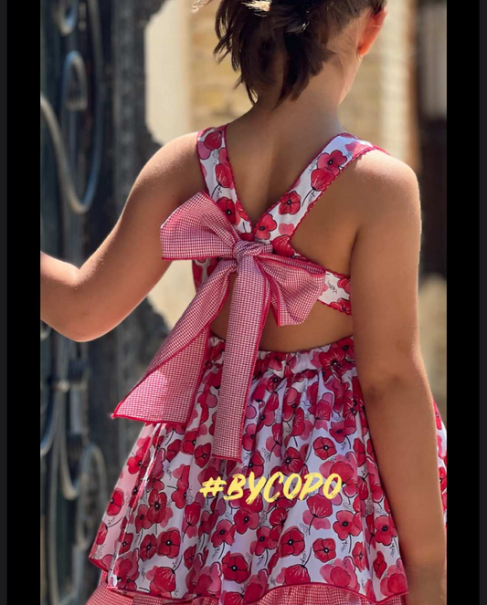 Vestido amapolas espalda cruzada con lazo vichy fresa