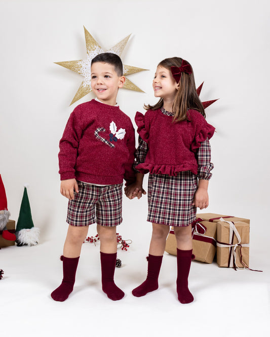 Conjunto niño 3 piezas especial navidad cuadros tartán granate Colección Miño