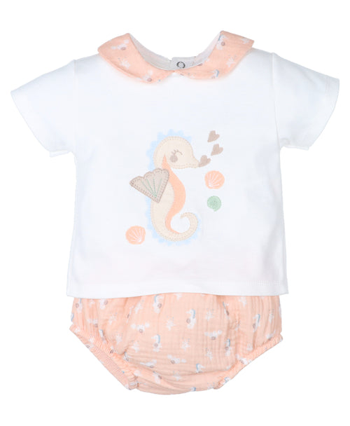 Conjunto camiseta y ranita bambula Caballito de mar color mandarina