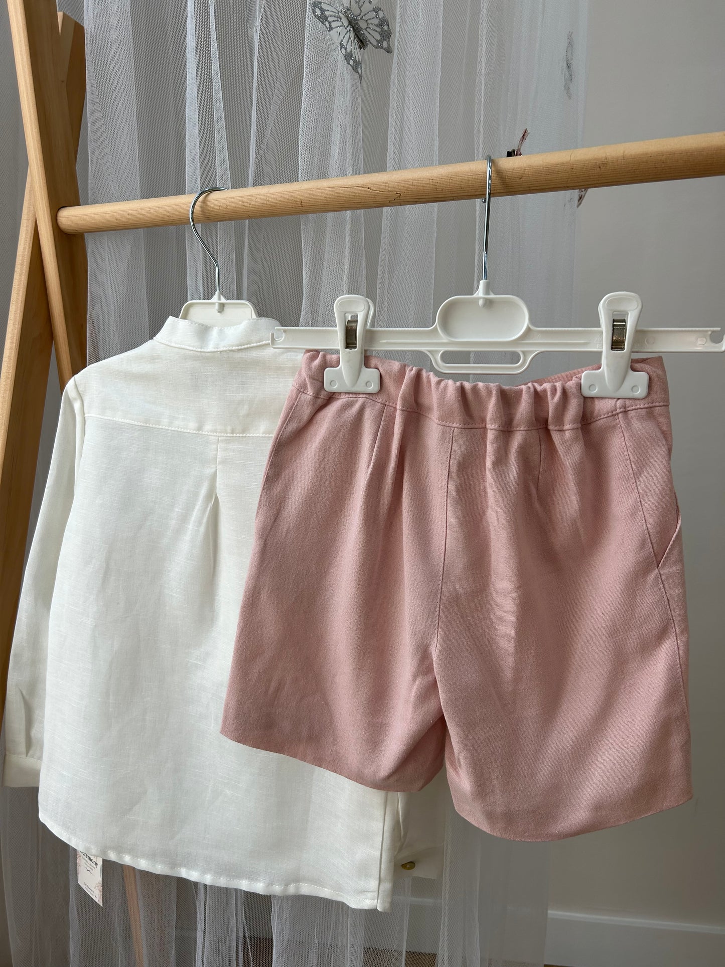 Conjunto niño ceremonia camisa y bermuda rosa empolvado Colección Juana de Arco