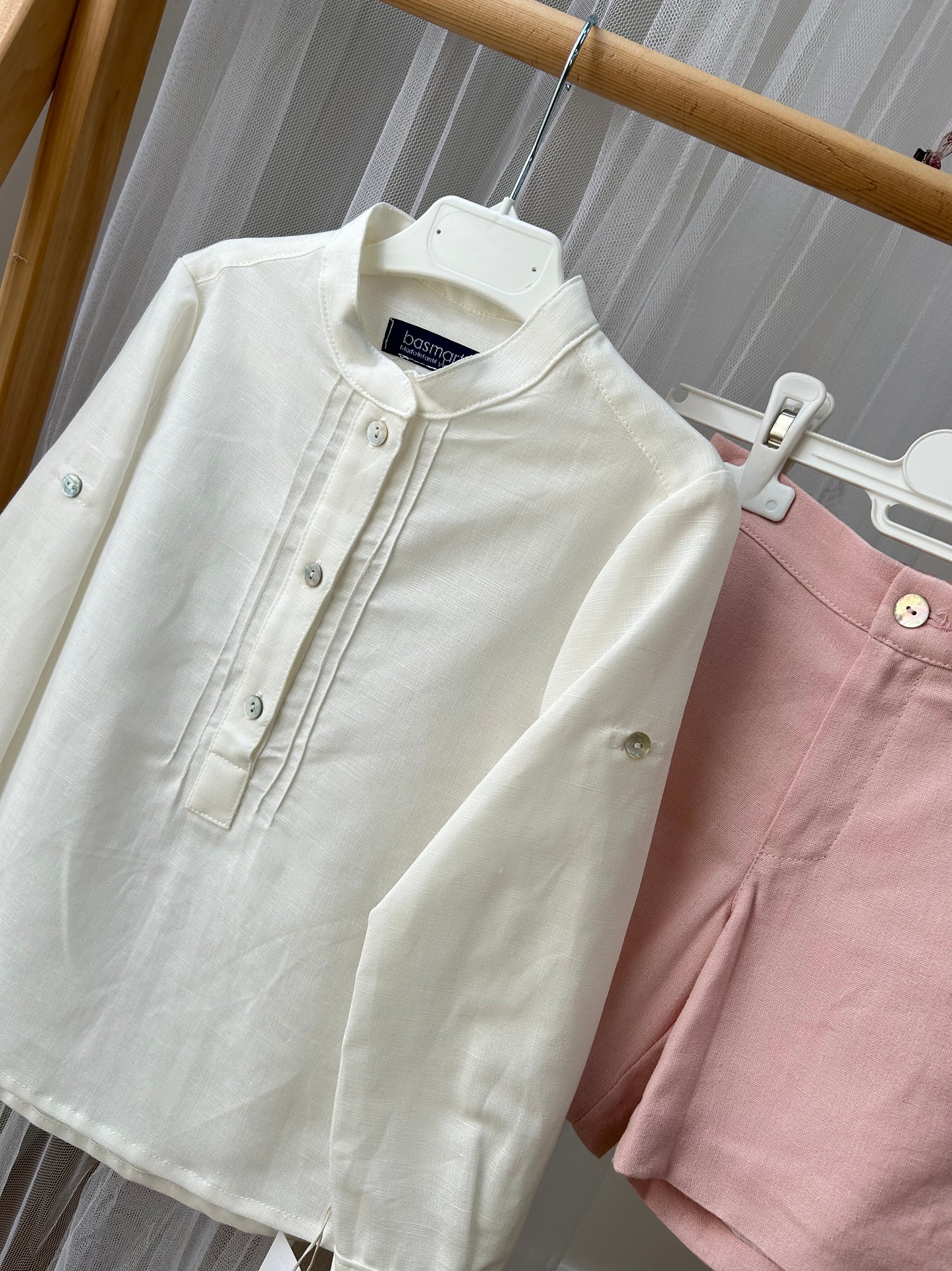 Conjunto niño ceremonia camisa y bermuda rosa empolvado Colección Juana de Arco