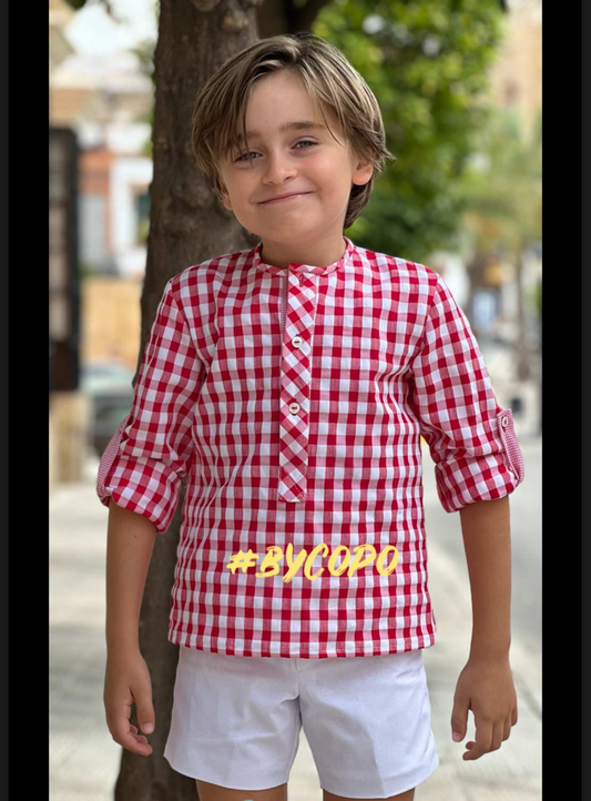 Camisa niño tejido seersucker vichy fresa Colección especial eventos Amapolas