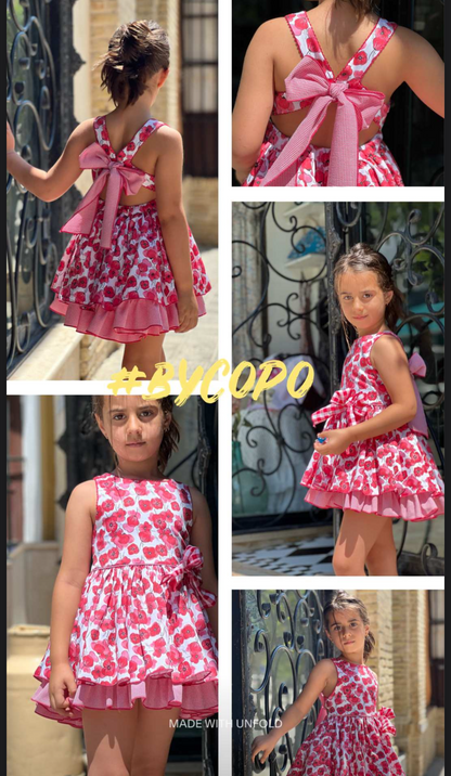 Vestido amapolas espalda cruzada con lazo vichy fresa
