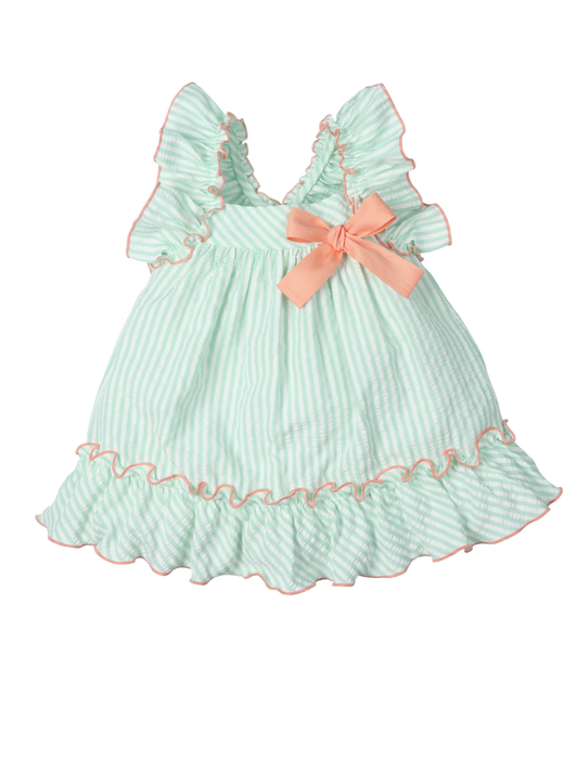 Vestido seersucker verde agua espalda cruzada con lazo mandarina Colección Atlantis