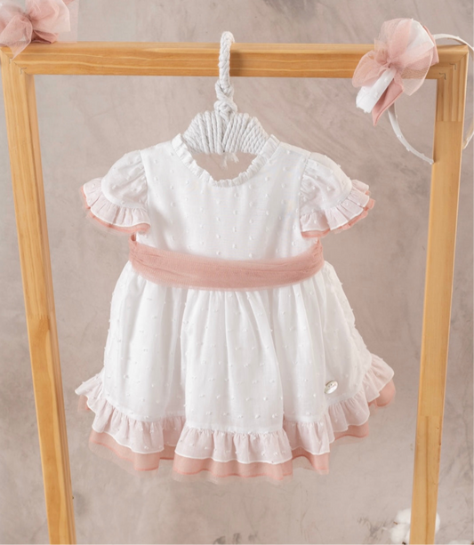 Vestido niña ceremonia plumeti blanco y rosa empolvado Colección Libertad