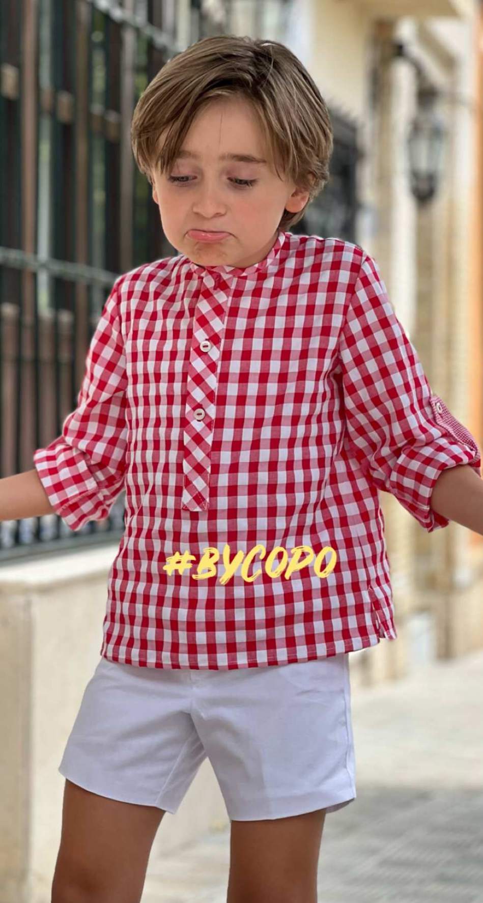 Camisa niño tejido seersucker vichy fresa Colección especial eventos Amapolas