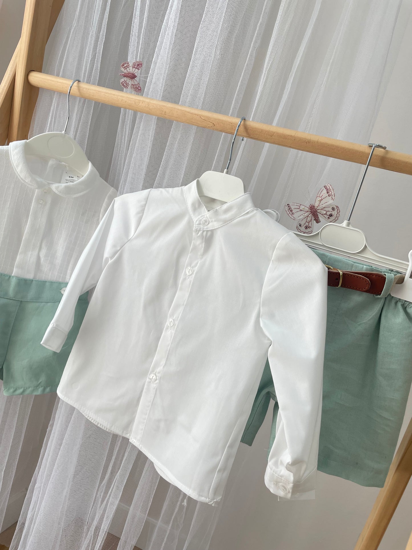 Conjunto camisa y bermuda con cinturón especial eventos verde menta