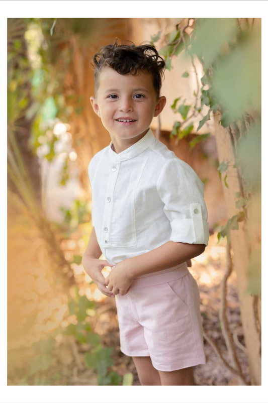 Conjunto niño ceremonia camisa y bermuda rosa empolvado Colección Juana de Arco