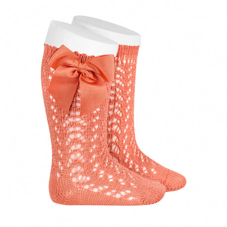 Calcetines altos lazo perle calado geométrico Condor color peonía