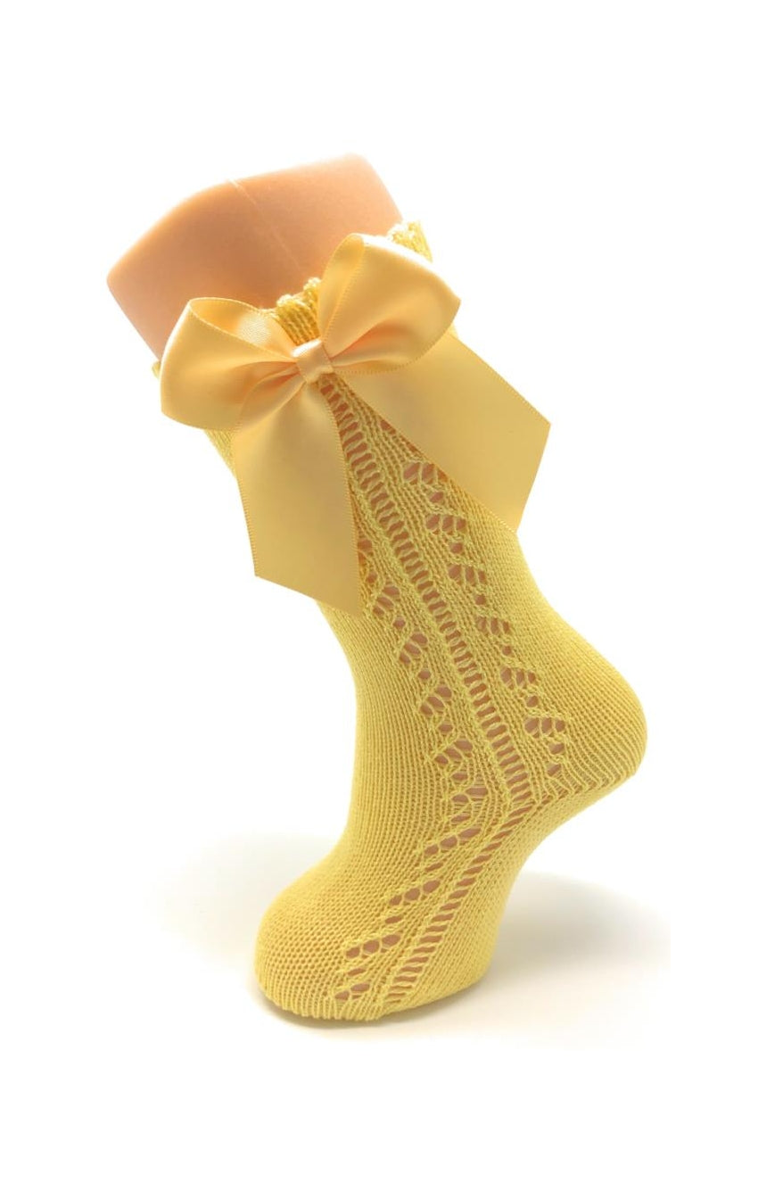 Calcetines altos perle calado lateral lazo color amarillo limón