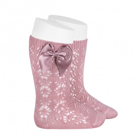Calcetines altos lazo perlé calado geométrico Condor color rosa palo