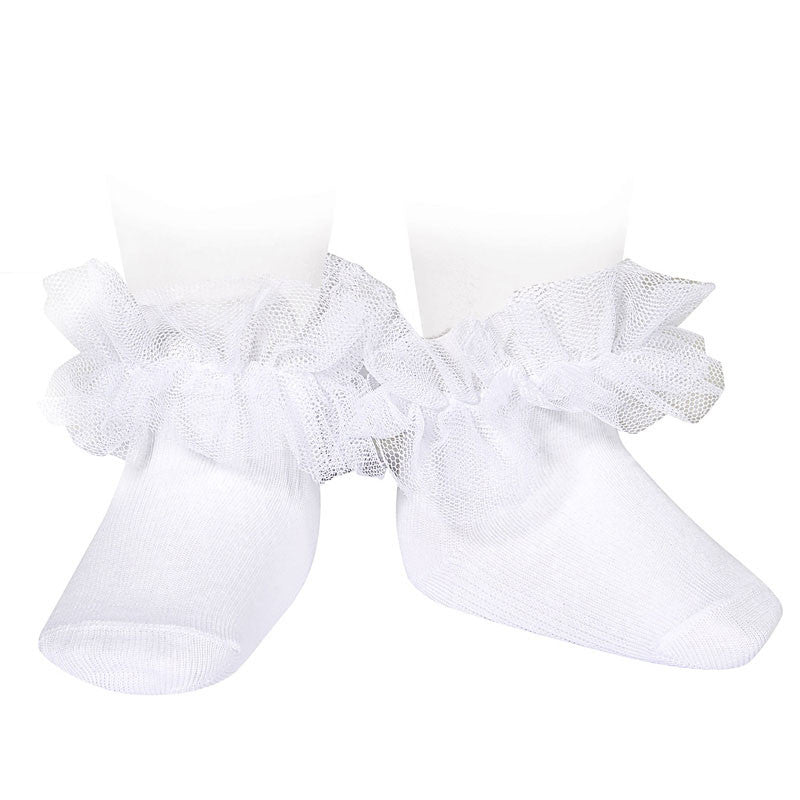 Calcetines ceremonia tobilleros con tira de tul fruncida Condor color blanco