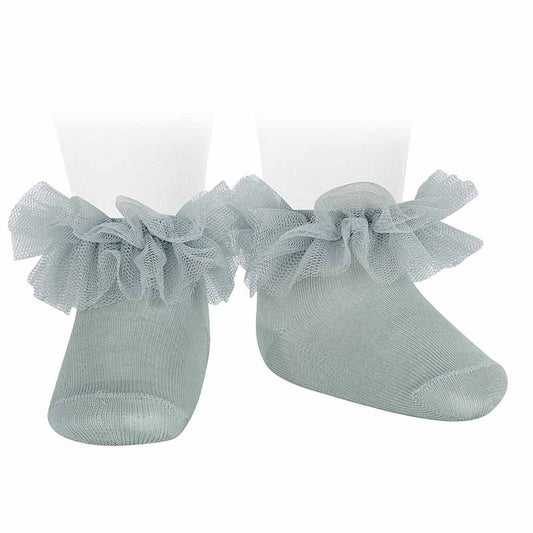 Calcetines ceremonia tobilleros con tira de tul fruncida Condor color bruma