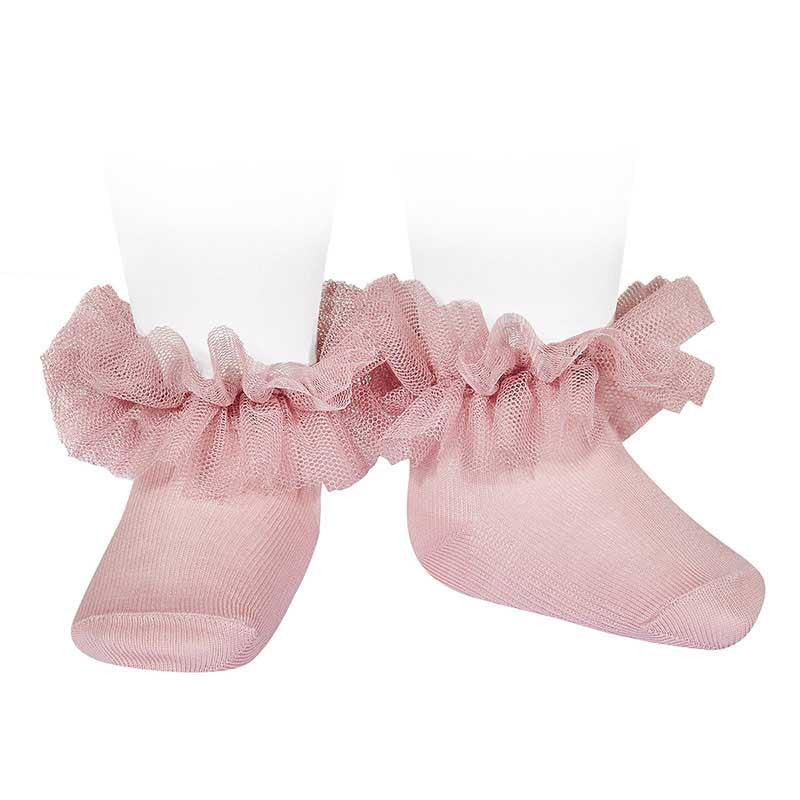 Calcetines tobilleros con tira de tul fruncida Condor color rosa empolvado