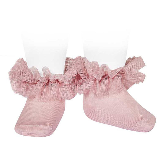 Calcetines ceremonia tobilleros con tira de tul fruncida Condor color rosa empolvado